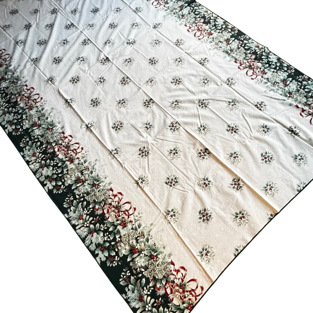 Christmas tablecloth long rectangle creamy white & green holly border print